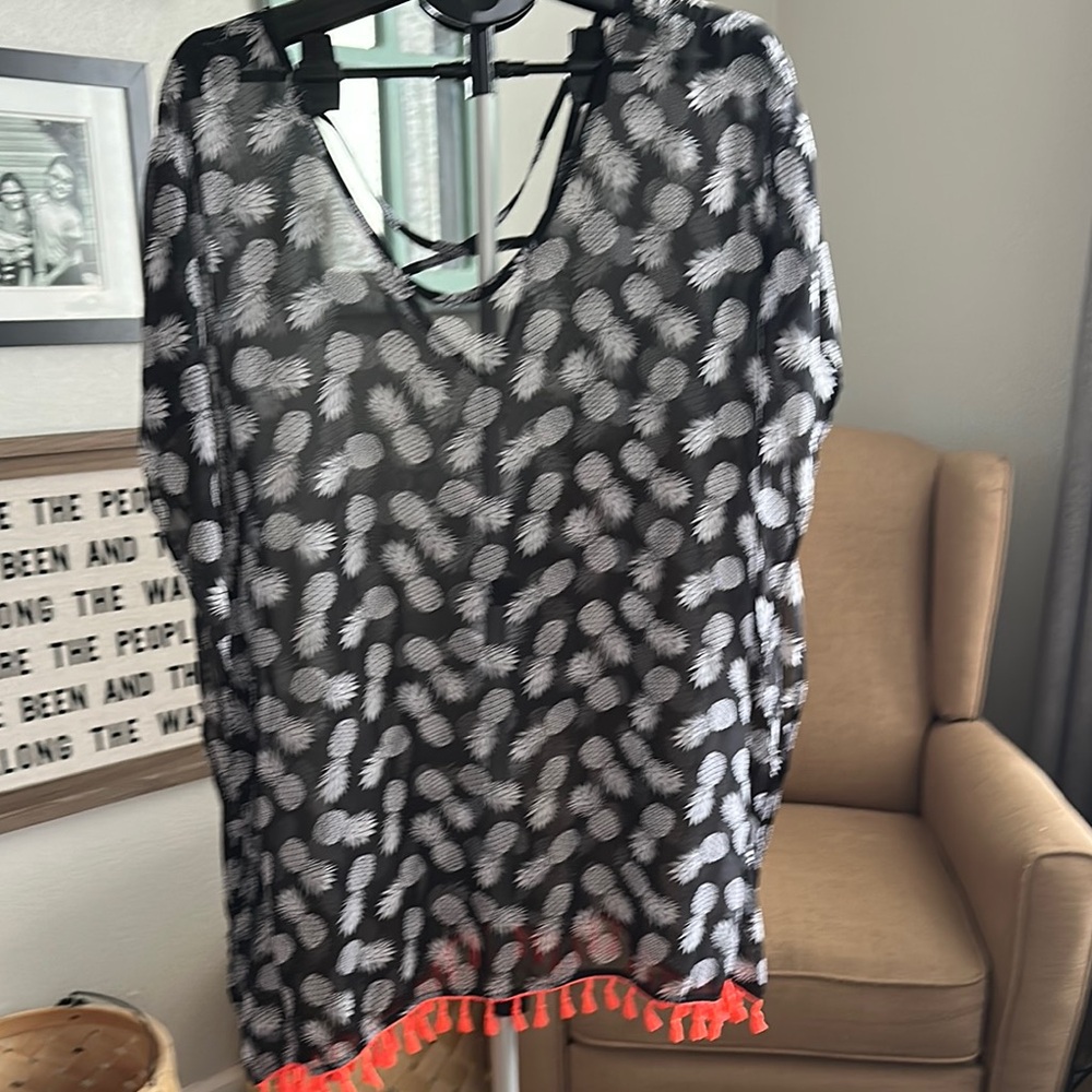 No Boundaries Black and White Pineapple Cover-Up with Orange Trim